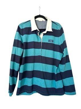 L.L. Bean Striped Cotton Rugby Polo Shirt Navy Teal Womens XL Preppy